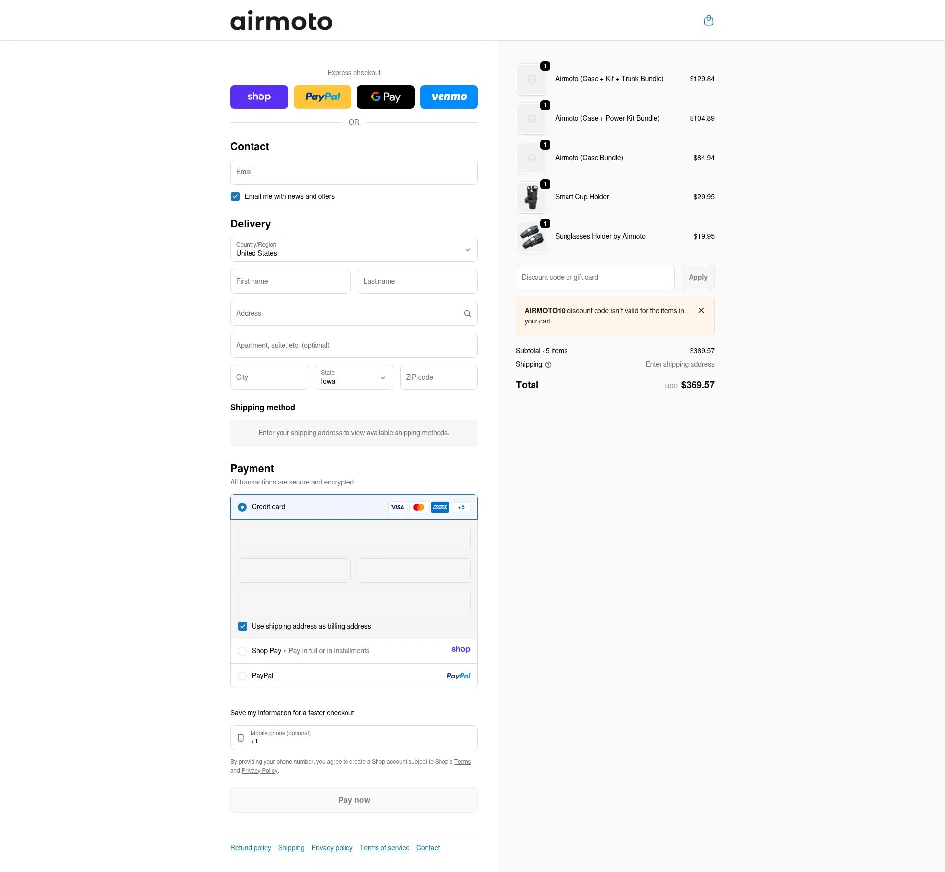 Airmoto checkout page showing Airmoto discount code box | Screenshot taken by SimplyCodes community member on Jan 11, 2026