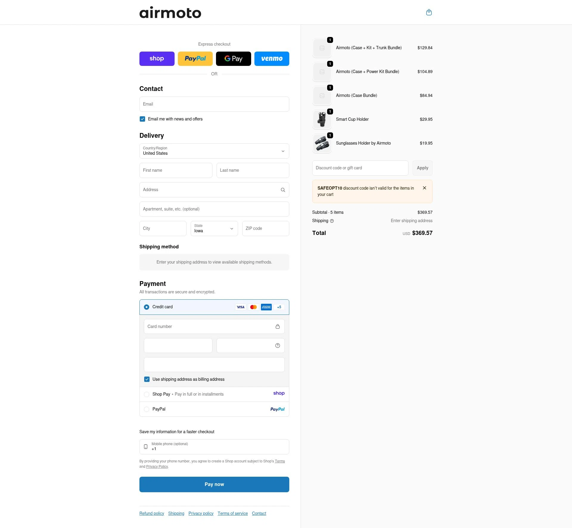 Airmoto checkout page showing Airmoto discount code box | Screenshot taken by SimplyCodes community member on Jan 11, 2026