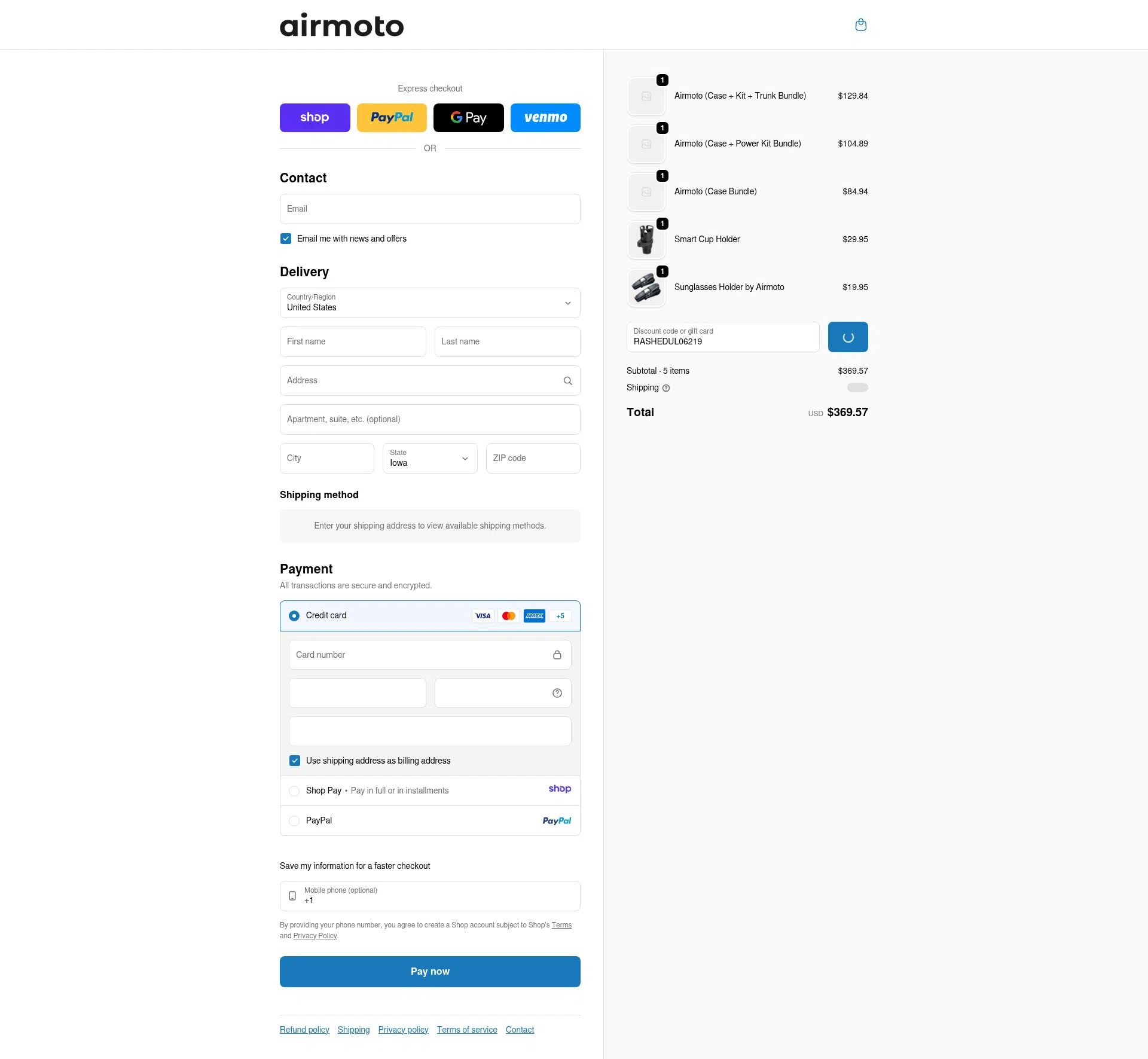 Airmoto checkout page showing Airmoto discount code box | Screenshot taken by SimplyCodes community member on Jan 11, 2026