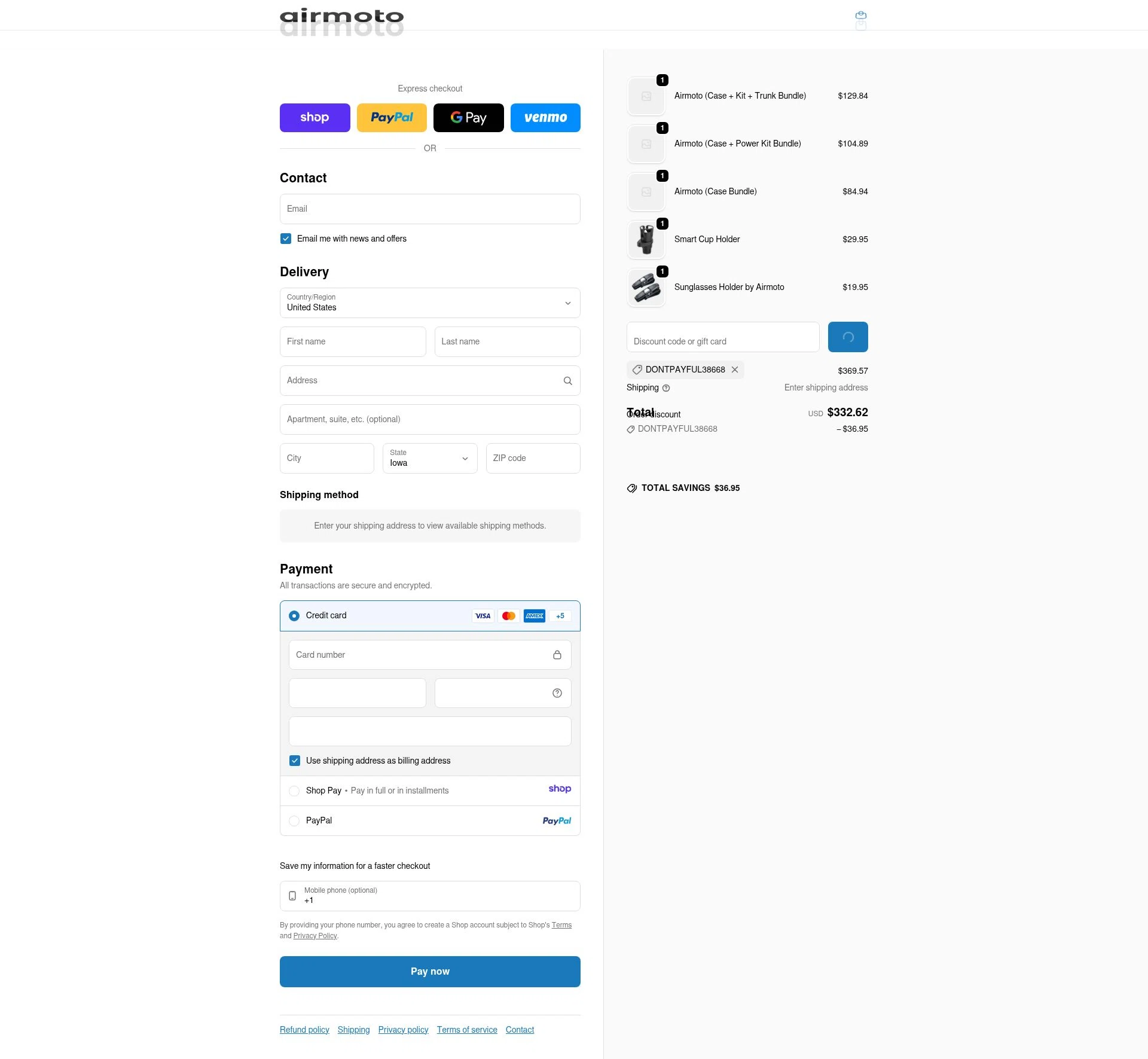 Airmoto checkout page showing Airmoto discount code box | Screenshot taken by SimplyCodes community member on Jan 11, 2026