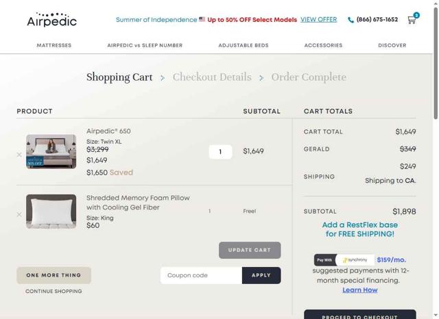 Airpedic checkout page showing Airpedic coupon code box | Screenshot taken by SimplyCodes community member on Jul 8, 2025