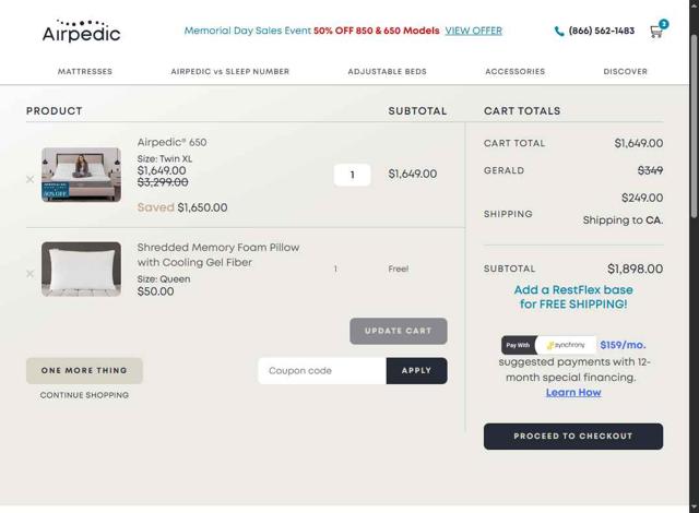 Airpedic checkout page showing Airpedic coupon code box | Screenshot taken by SimplyCodes community member on May 11, 2025