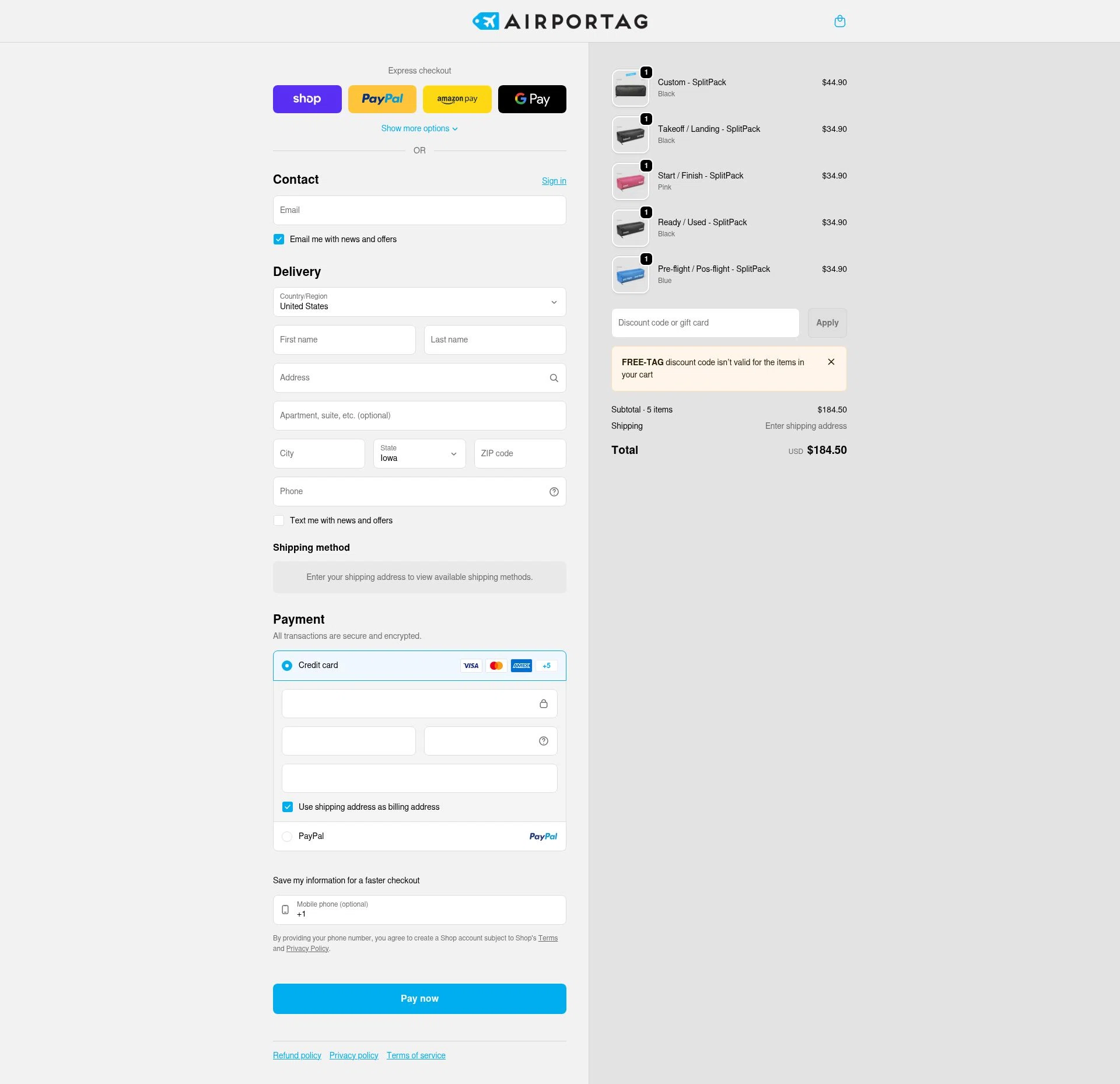 Airportag checkout page showing Airportag discount code box | Screenshot taken by SimplyCodes community member on Feb 2, 2026