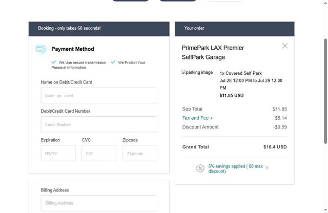 Airport Lax checkout page showing Airport Lax promo code box | Screenshot taken by SimplyCodes community member on Jul 28, 2025