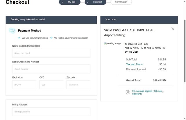 Airport Lax checkout page showing Airport Lax promo code box | Screenshot taken by SimplyCodes community member on Aug 21, 2025