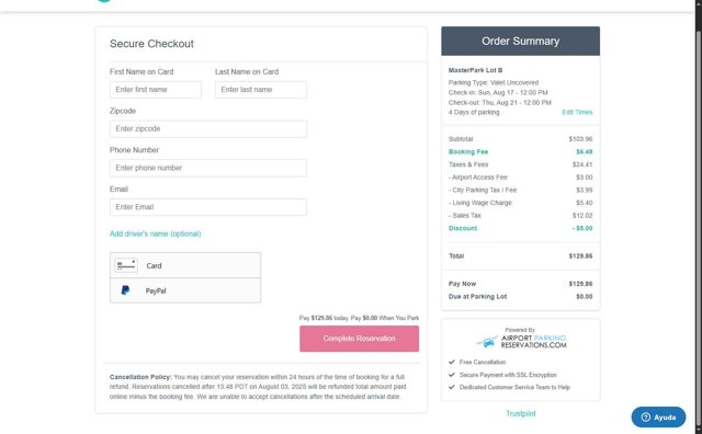 AirportParking.com checkout page showing AirportParking.com promo code box | Screenshot taken by SimplyCodes community member on Aug 2, 2025