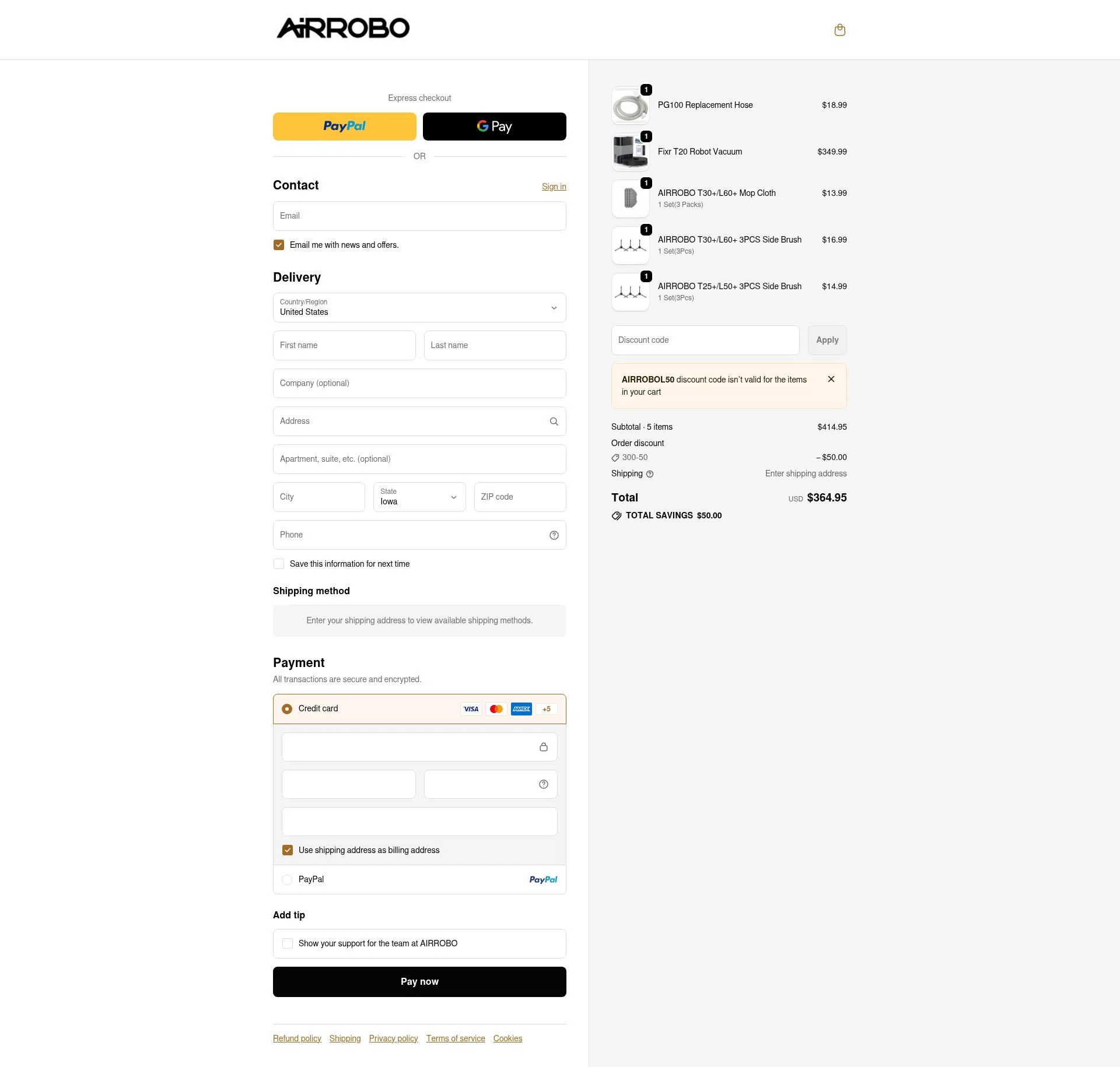 AIRROBO checkout page showing AIRROBO promo code box | Screenshot taken by SimplyCodes community member on Dec 29, 2025