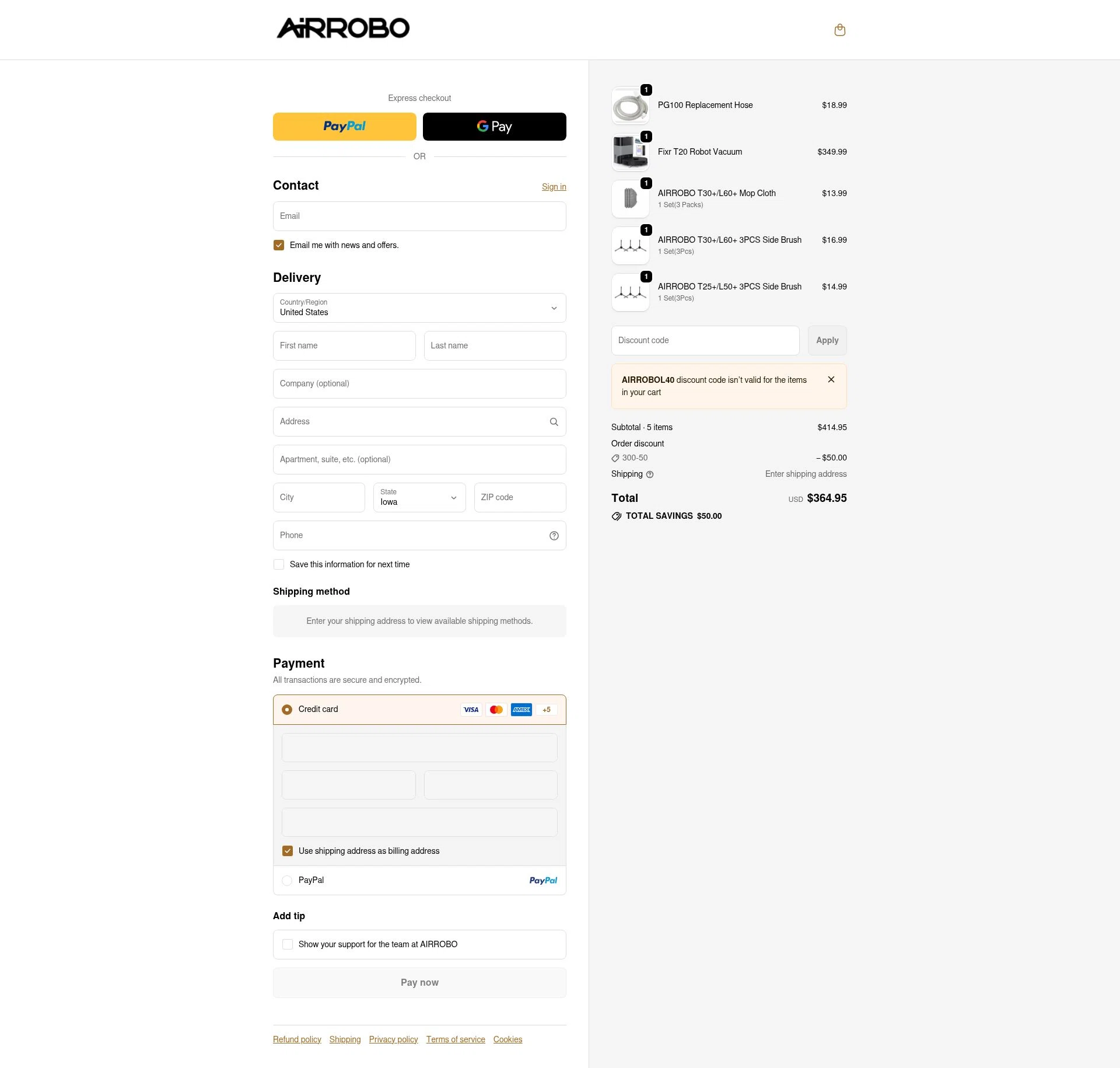 AIRROBO checkout page showing AIRROBO promo code box | Screenshot taken by SimplyCodes community member on Jan 3, 2026