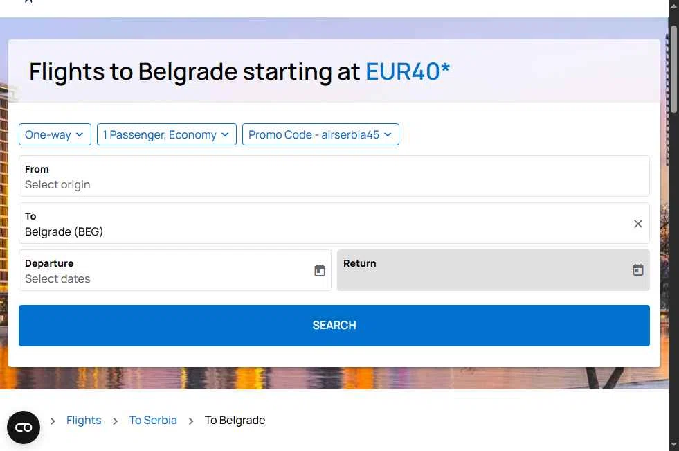 Airserbia checkout page showing Airserbia promo code box | Screenshot taken by SimplyCodes community member on Nov 20, 2025