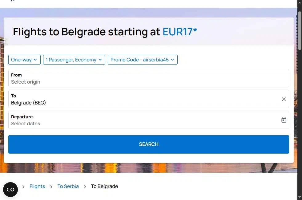 Airserbia checkout page showing Airserbia promo code box | Screenshot taken by SimplyCodes community member on Dec 13, 2025