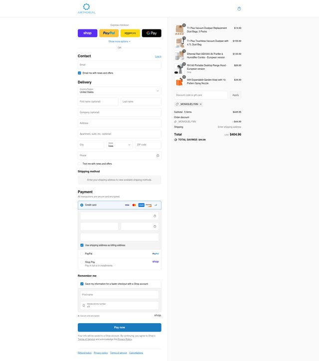 Airthereal checkout page showing Airthereal promo code box | Screenshot taken by SimplyCodes community member on Sep 3, 2025
