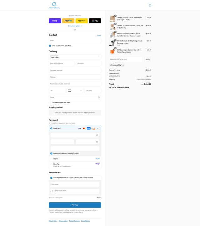 Airthereal checkout page showing Airthereal promo code box | Screenshot taken by SimplyCodes community member on Sep 7, 2025