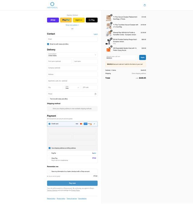 Airthereal checkout page showing Airthereal promo code box | Screenshot taken by SimplyCodes community member on Sep 7, 2025