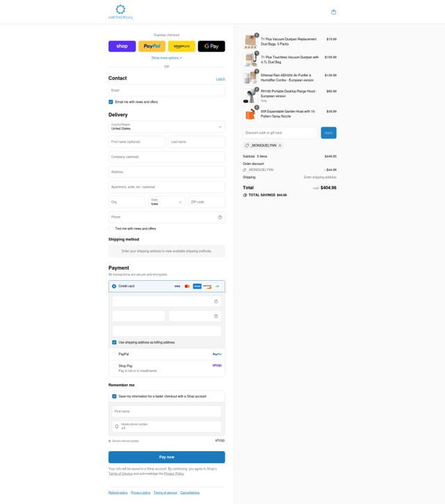 Airthereal checkout page showing Airthereal promo code box | Screenshot taken by SimplyCodes community member on Sep 7, 2025