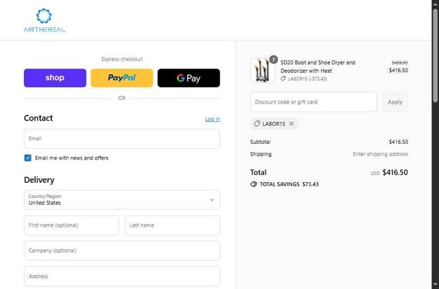 Airthereal checkout page showing Airthereal promo code box | Screenshot taken by SimplyCodes community member on Sep 7, 2025