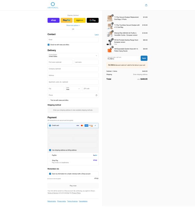 Airthereal checkout page showing Airthereal promo code box | Screenshot taken by SimplyCodes community member on Sep 7, 2025