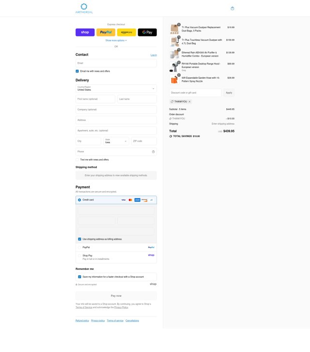Airthereal checkout page showing Airthereal promo code box | Screenshot taken by SimplyCodes community member on Sep 7, 2025
