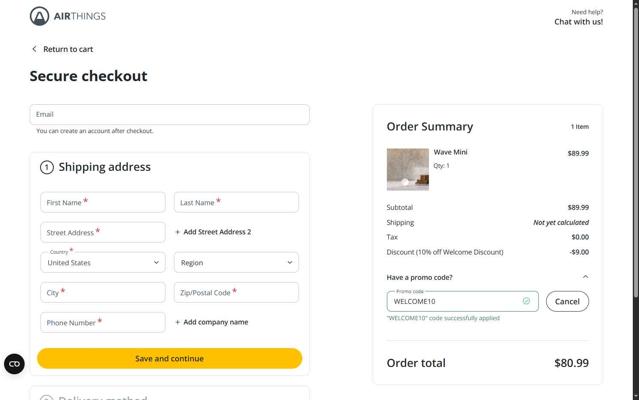 Airthings checkout page showing Airthings promo code box | Screenshot taken by SimplyCodes community member on Aug 22, 2025