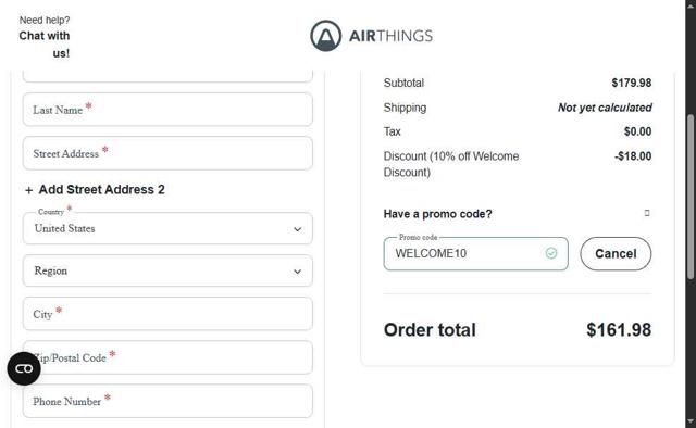 Airthings checkout page showing Airthings promo code box | Screenshot taken by SimplyCodes community member on Jul 2, 2025