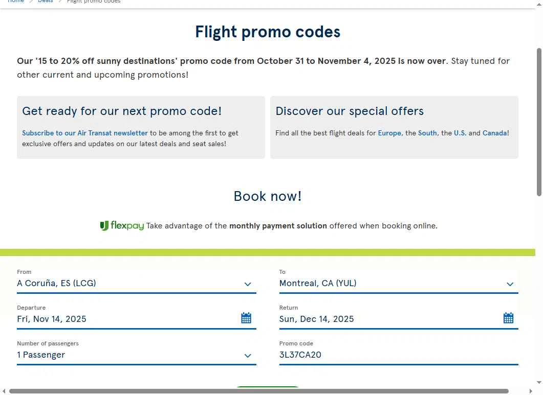 Air Transat checkout page showing Air Transat promo code box | Screenshot taken by SimplyCodes community member on Nov 13, 2025