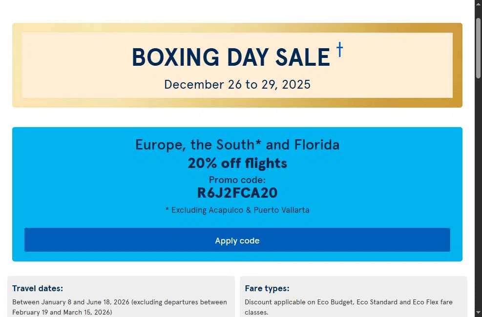 Air Transat checkout page showing Air Transat promo code box | Screenshot taken by SimplyCodes community member on Dec 26, 2025