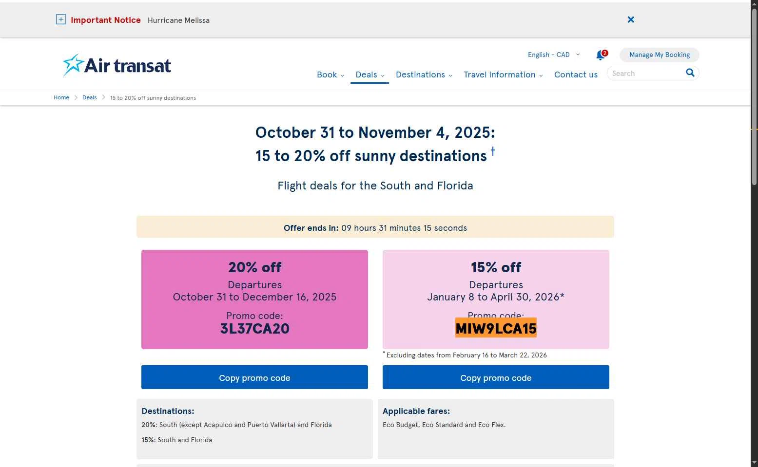 Air Transat checkout page showing Air Transat promo code box | Screenshot taken by SimplyCodes community member on Nov 4, 2025