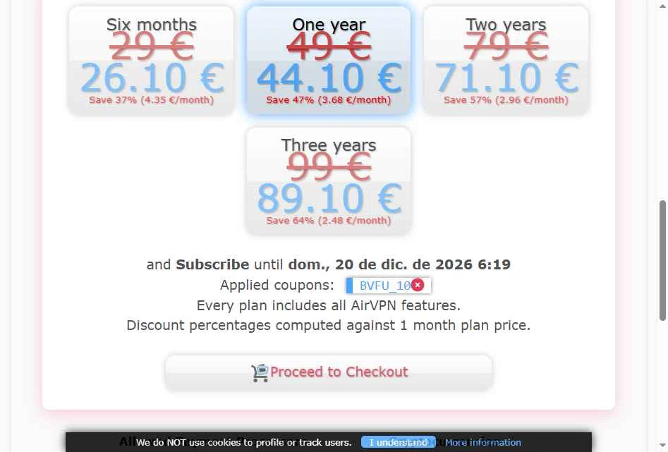 AirVPN checkout page showing AirVPN coupon code box | Screenshot taken by SimplyCodes community member on Dec 20, 2025