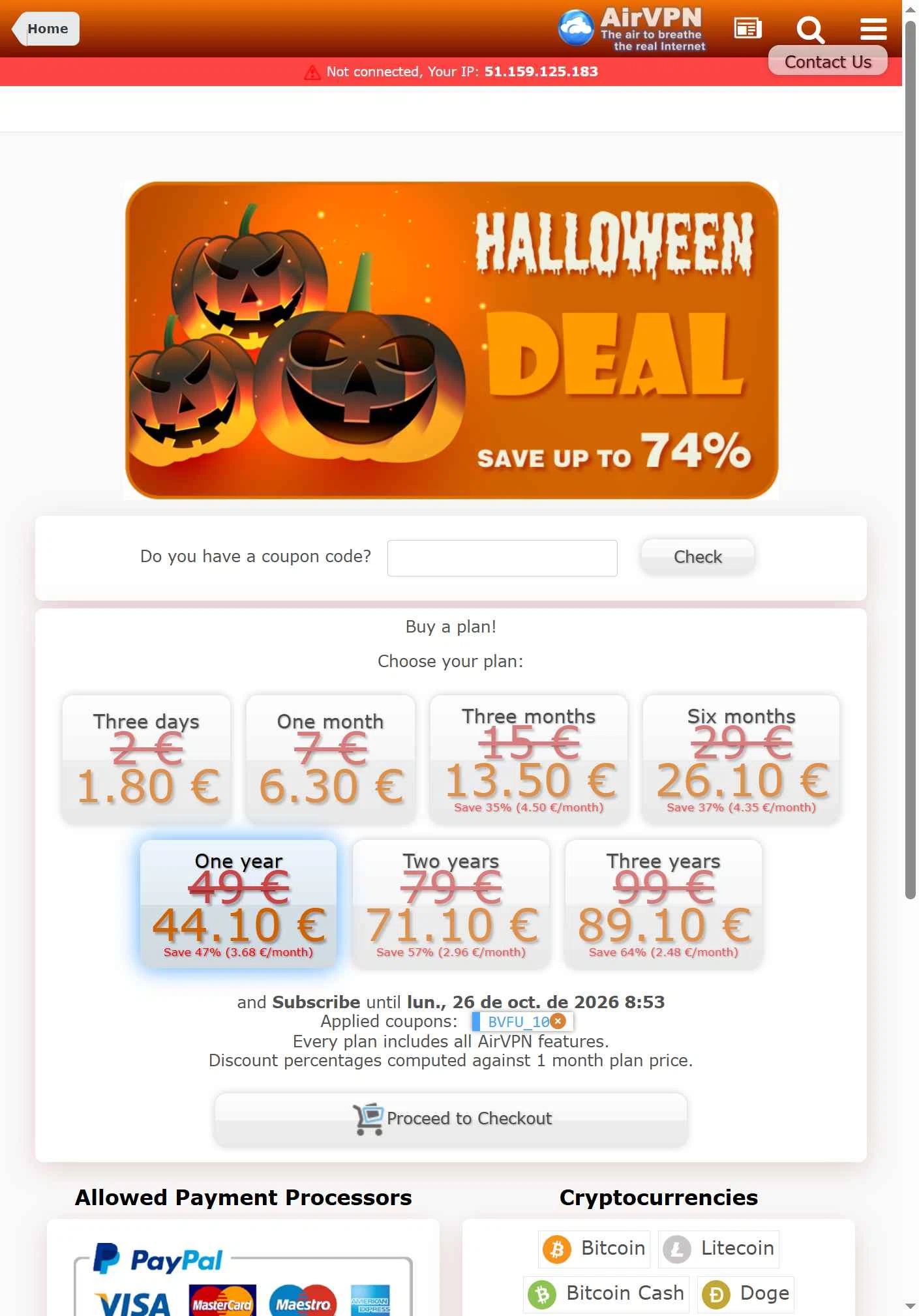 AirVPN checkout page showing AirVPN coupon code box | Screenshot taken by SimplyCodes community member on Oct 26, 2025