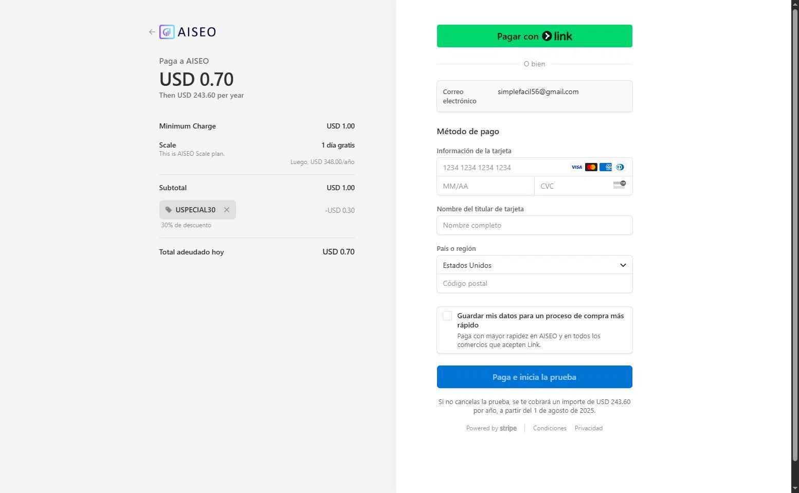 AISEO checkout page showing AISEO promo code box | Screenshot taken by SimplyCodes community member on Jul 31, 2025
