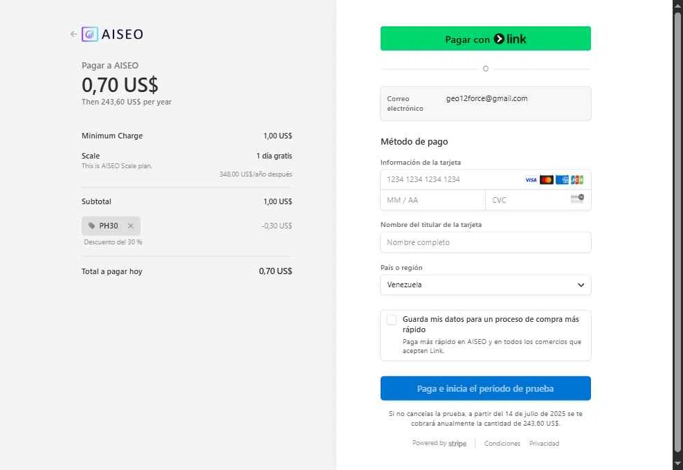 AISEO checkout page showing AISEO promo code box | Screenshot taken by SimplyCodes community member on Jul 13, 2025