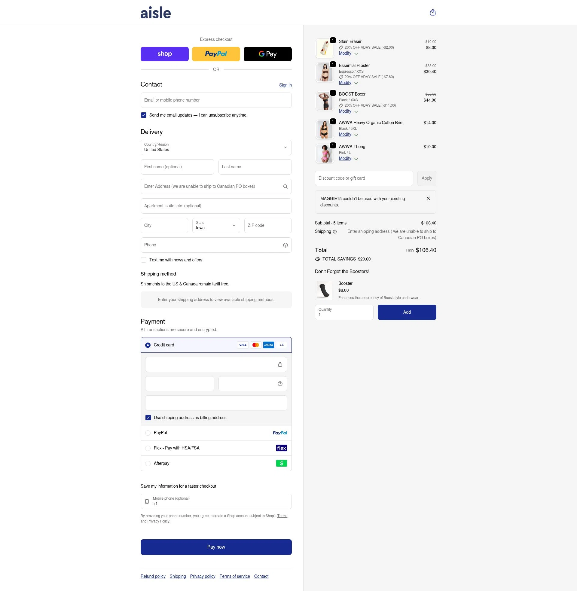 Aisle checkout page showing Aisle discount code box | Screenshot taken by SimplyCodes community member on Feb 10, 2026