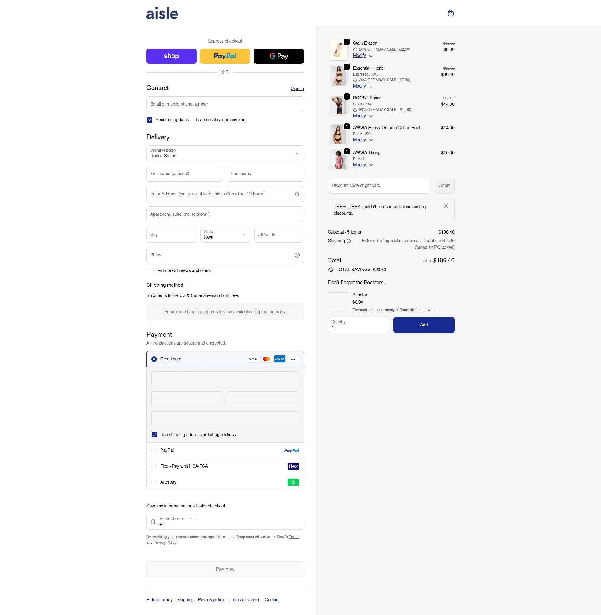 Aisle checkout page showing Aisle discount code box | Screenshot taken by SimplyCodes community member on Feb 6, 2026