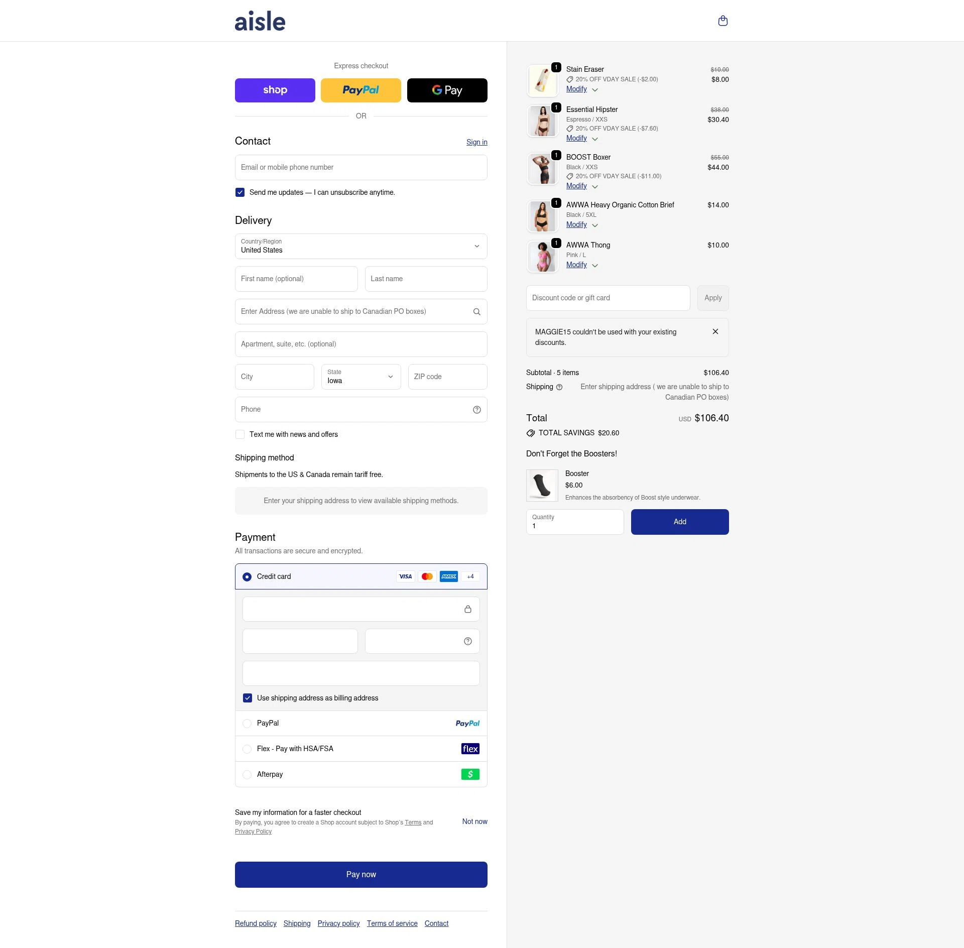 Aisle checkout page showing Aisle discount code box | Screenshot taken by SimplyCodes community member on Feb 15, 2026