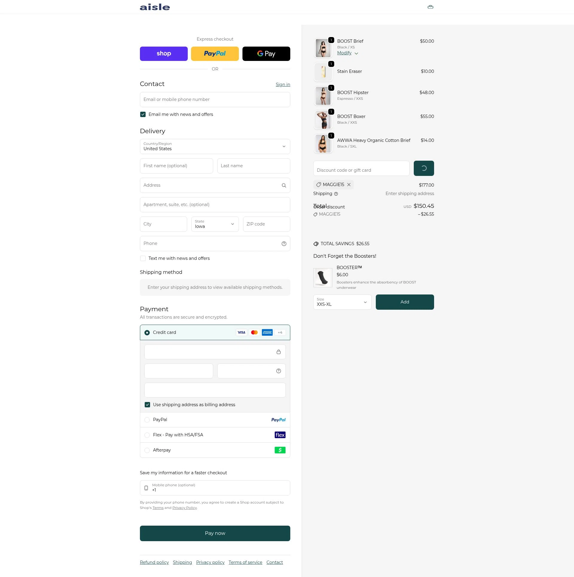 Aisle checkout page showing Aisle discount code box | Screenshot taken by SimplyCodes community member on Feb 19, 2026