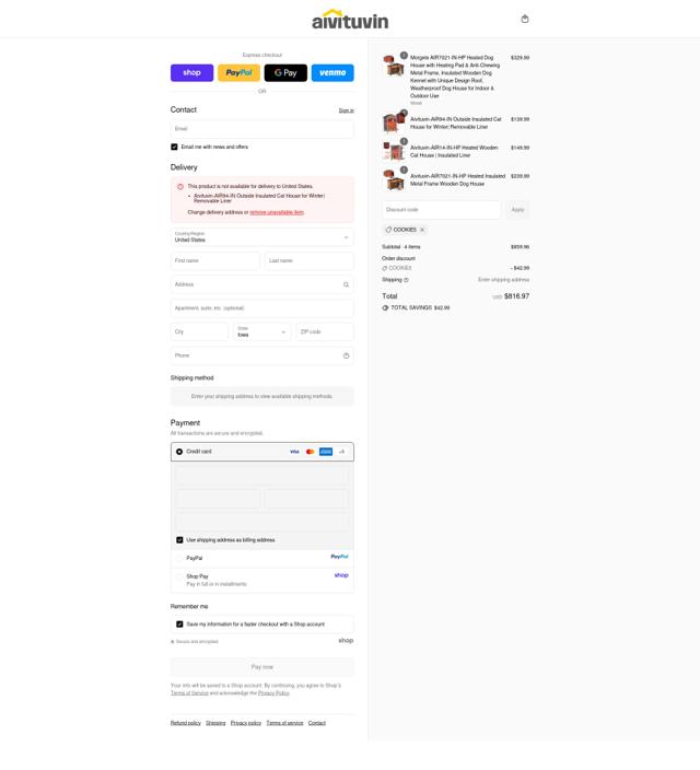 Aivituvin checkout page showing Aivituvin discount code box | Screenshot taken by SimplyCodes community member on Sep 15, 2025