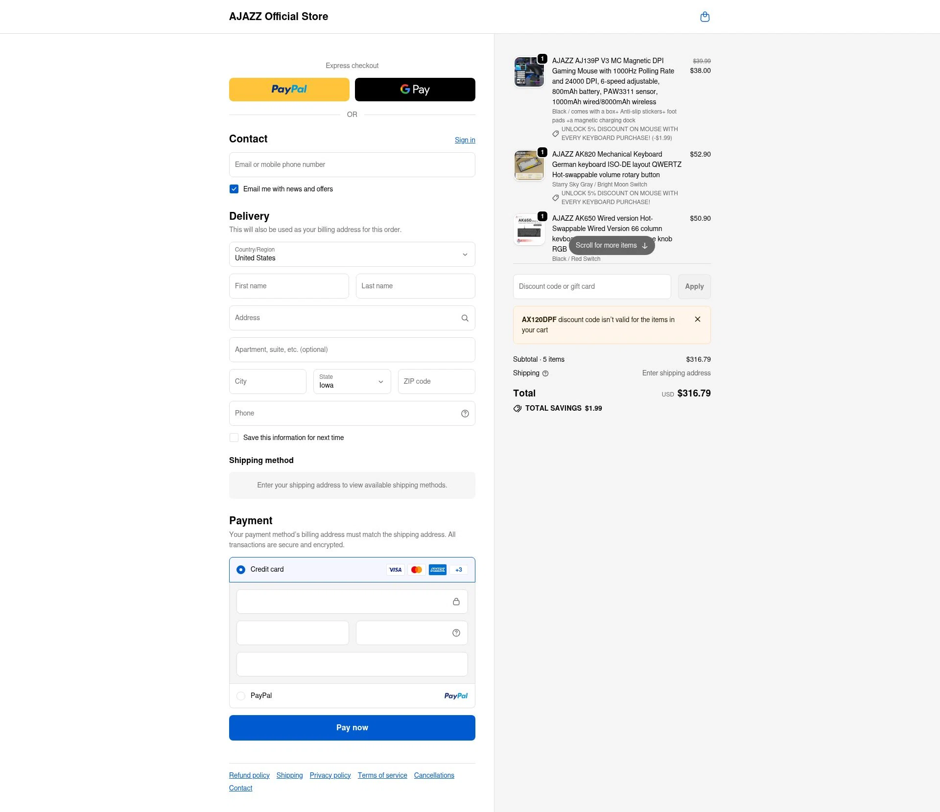 AJAZZ checkout page showing AJAZZ discount code box | Screenshot taken by SimplyCodes community member on Jan 2, 2026