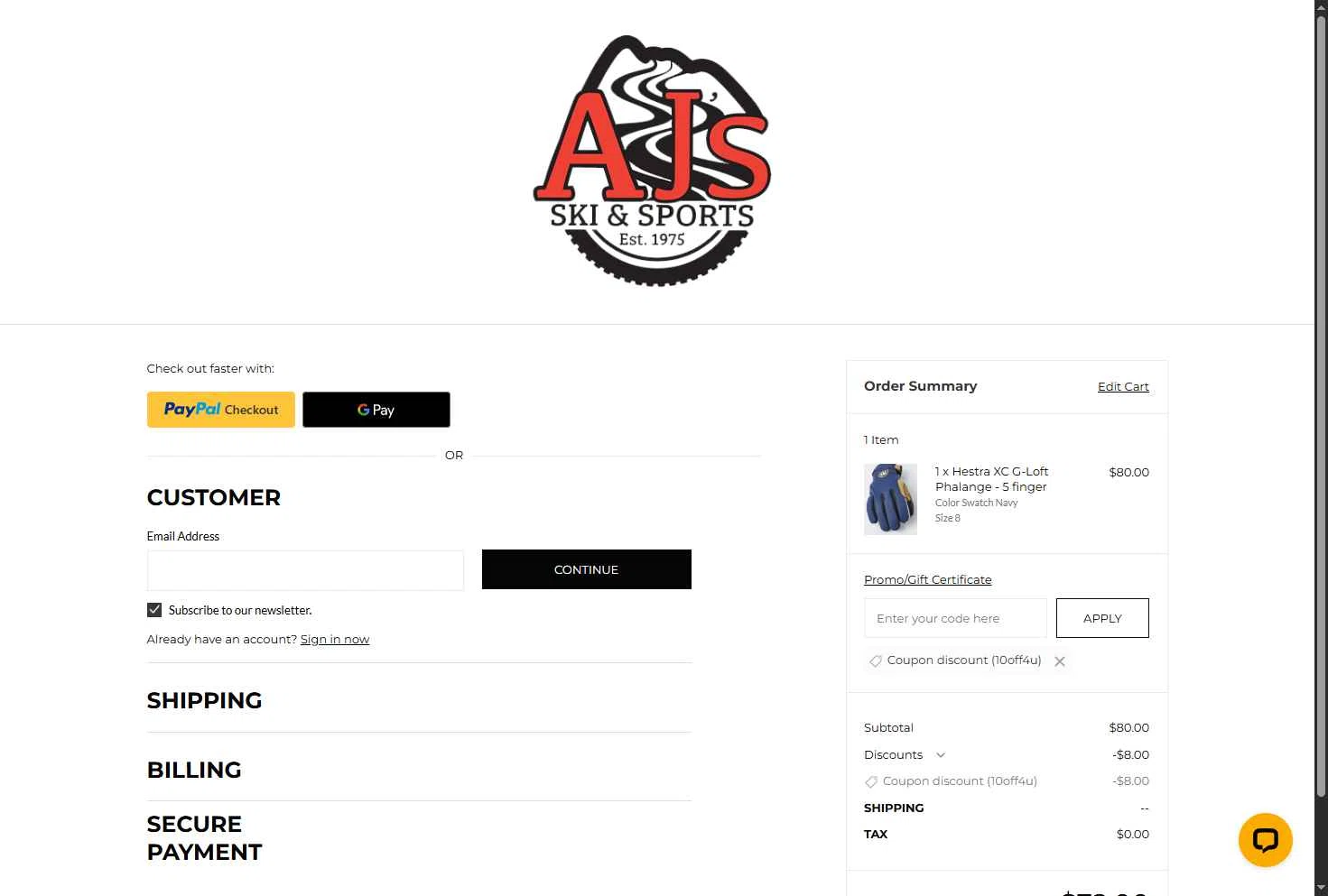 AJ's Ski & Sports checkout page showing AJ's Ski & Sports promo code box | Screenshot taken by SimplyCodes community member on Jan 25, 2026