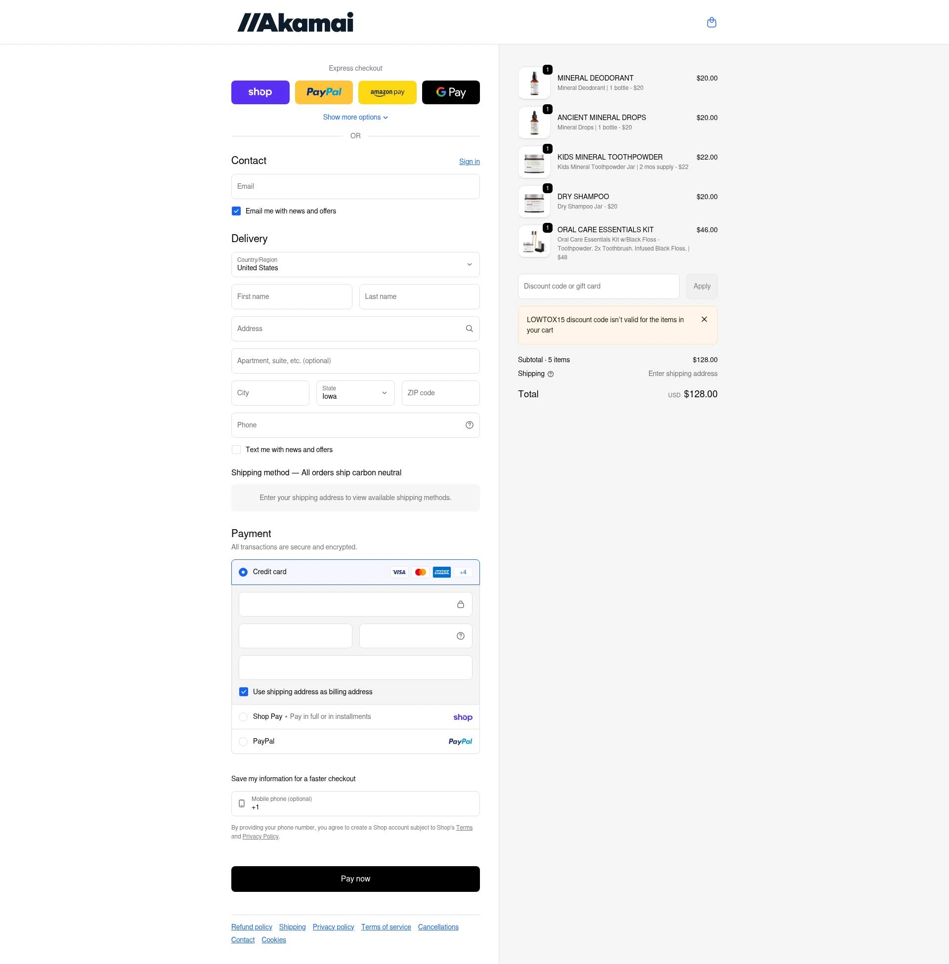 Akamai Basics checkout page showing Akamai Basics discount code box | Screenshot taken by SimplyCodes community member on Feb 17, 2026