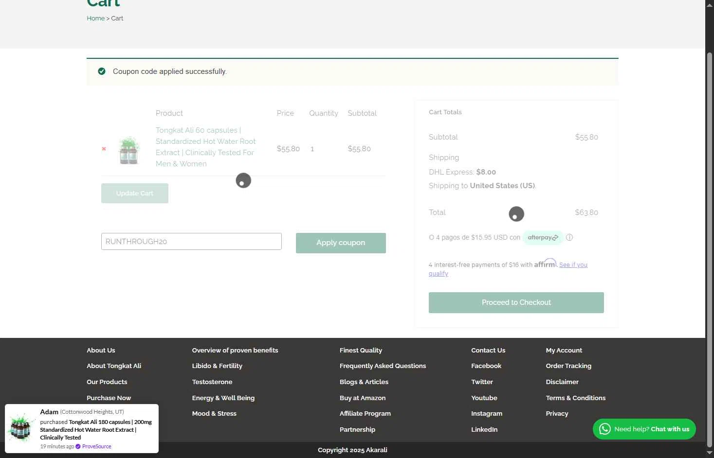 Akarali checkout page showing Akarali coupon code box | Screenshot taken by SimplyCodes community member on Aug 6, 2025