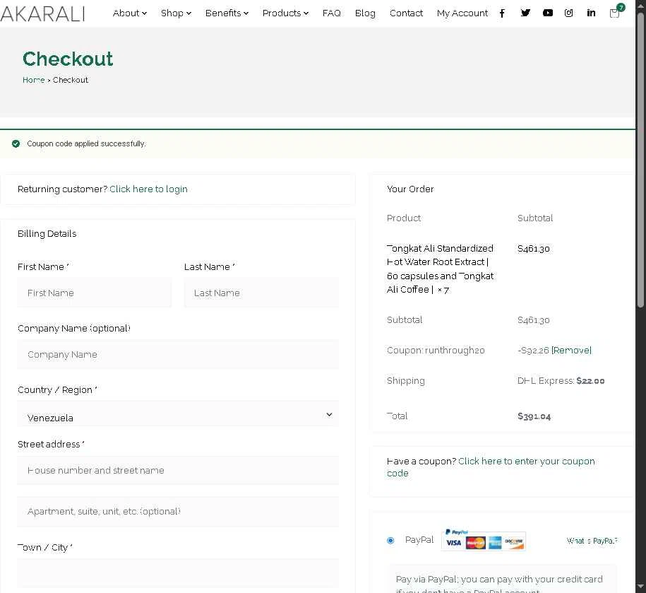 Akarali checkout page showing Akarali coupon code box | Screenshot taken by SimplyCodes community member on Nov 18, 2025