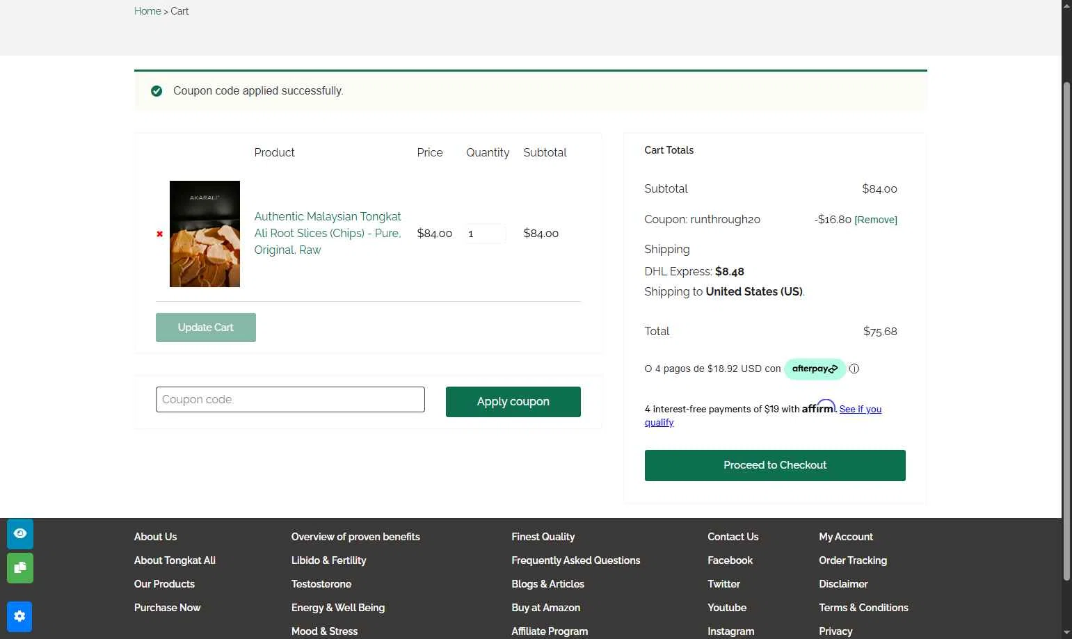 Akarali checkout page showing Akarali coupon code box | Screenshot taken by SimplyCodes community member on Oct 3, 2025