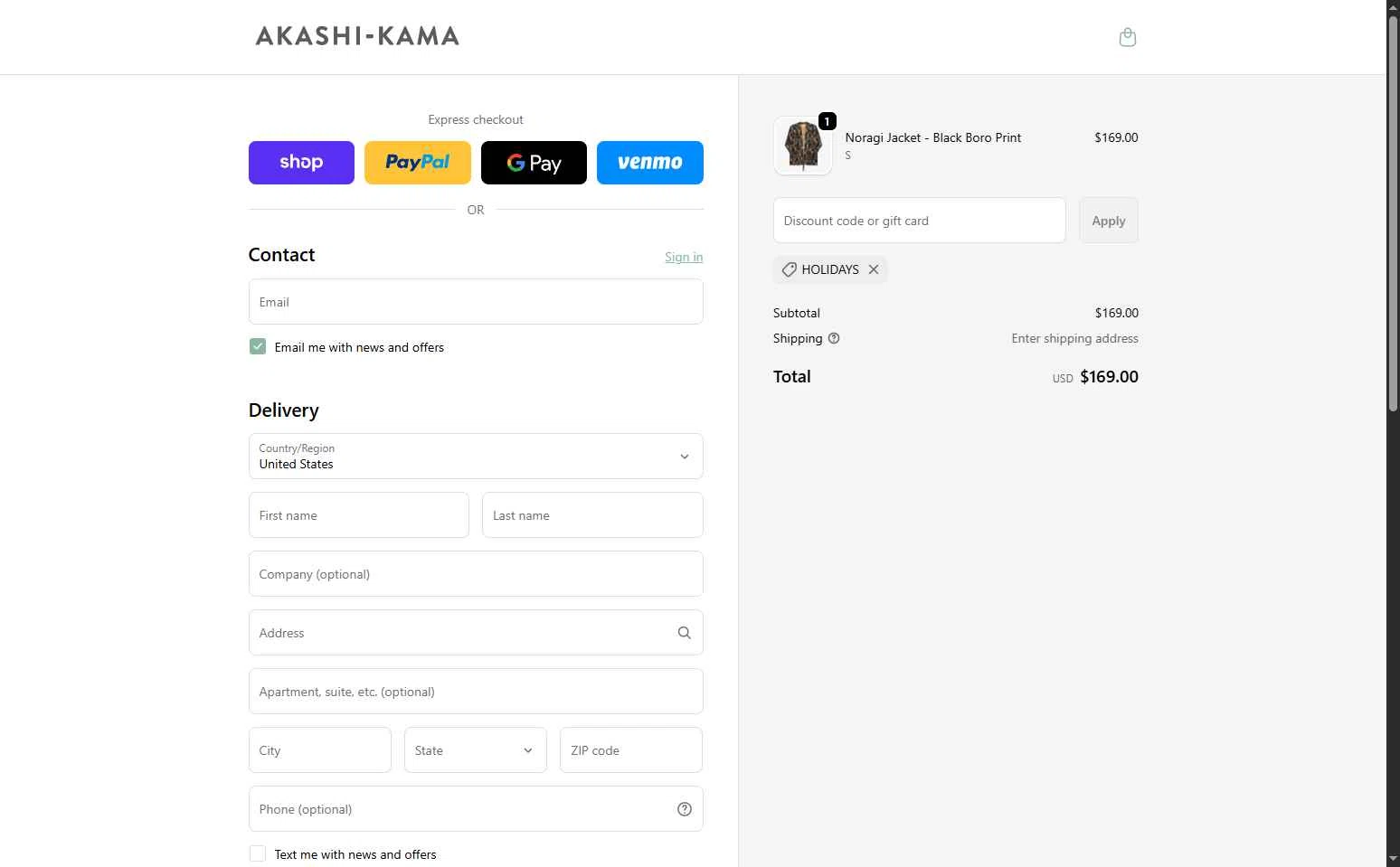 AKASHI-KAMA checkout page showing AKASHI-KAMA promo code box | Screenshot taken by SimplyCodes community member on Nov 17, 2025