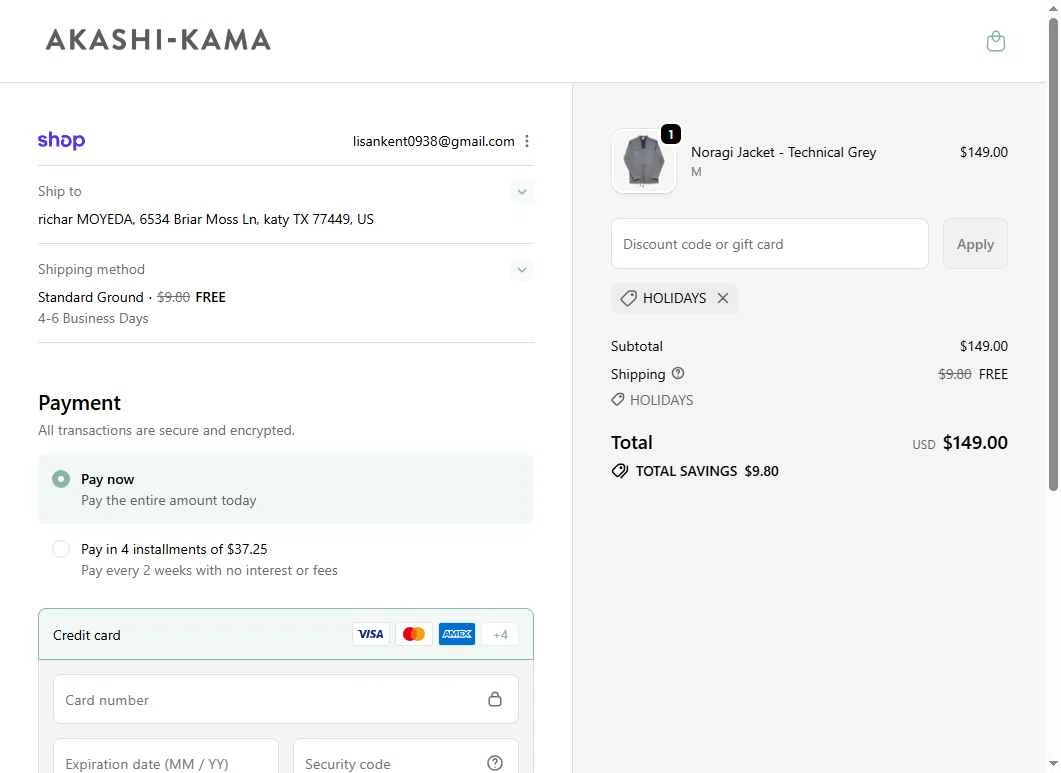AKASHI-KAMA checkout page showing AKASHI-KAMA promo code box | Screenshot taken by SimplyCodes community member on Nov 17, 2025