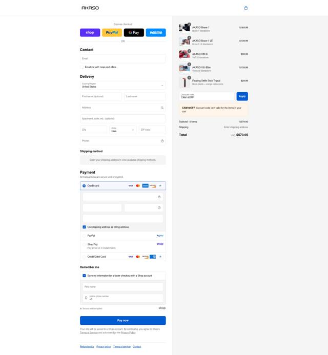 Akaso checkout page showing Akaso promo code box | Screenshot taken by SimplyCodes community member on Sep 9, 2025