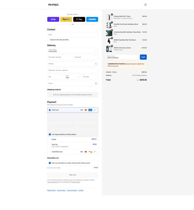 Akaso checkout page showing Akaso promo code box | Screenshot taken by SimplyCodes community member on Sep 12, 2025