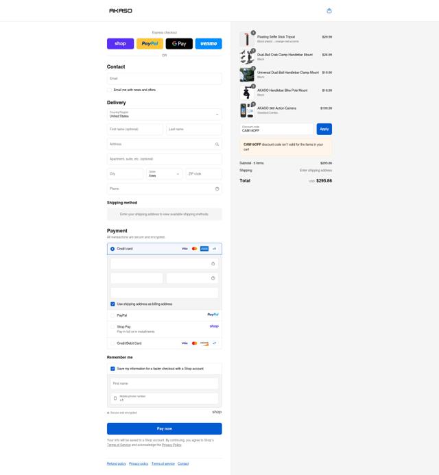 Akaso checkout page showing Akaso promo code box | Screenshot taken by SimplyCodes community member on Sep 12, 2025