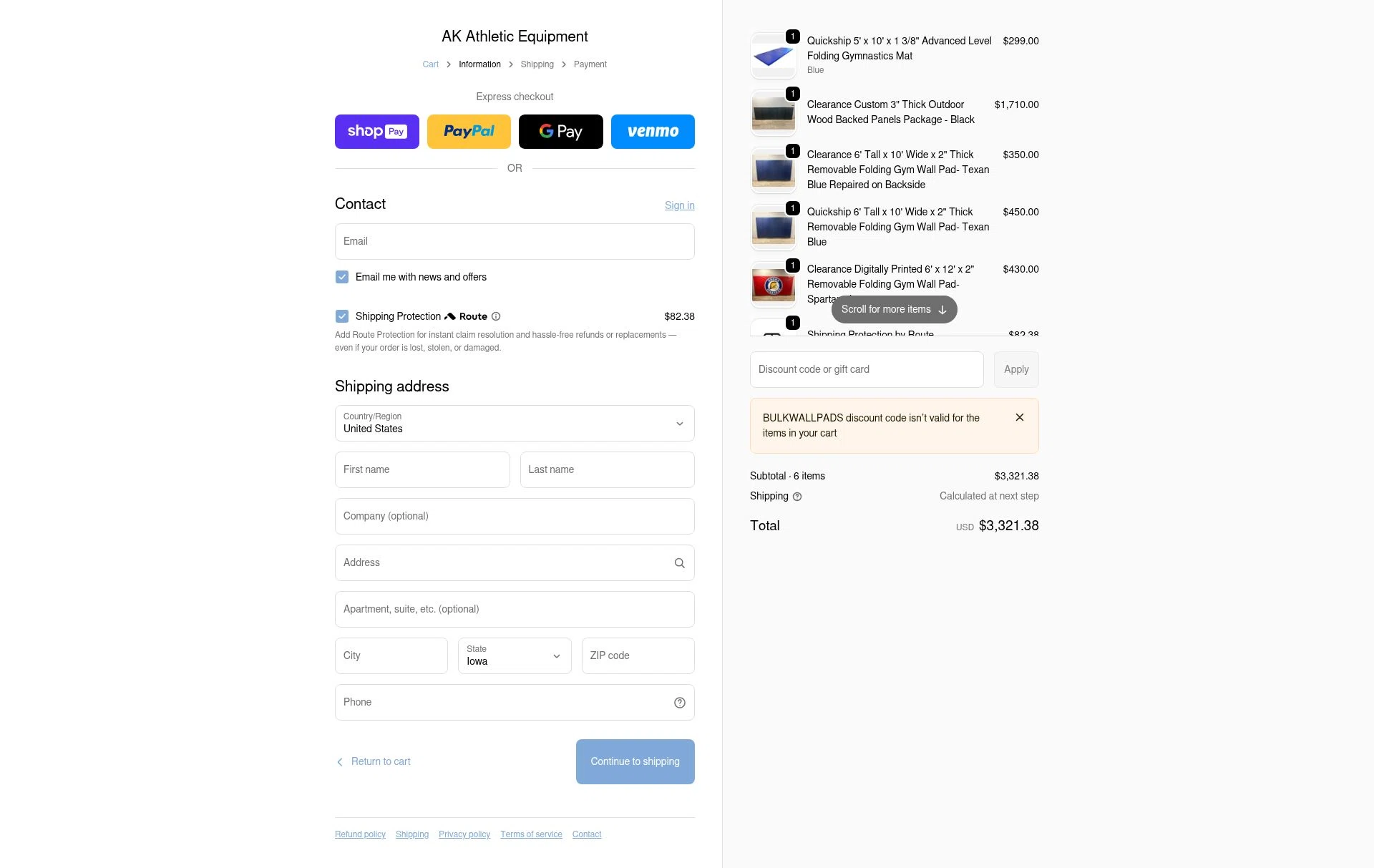 AK Athletic Equipment checkout page showing AK Athletic Equipment coupon code box | Screenshot taken by SimplyCodes community member on Jan 6, 2026