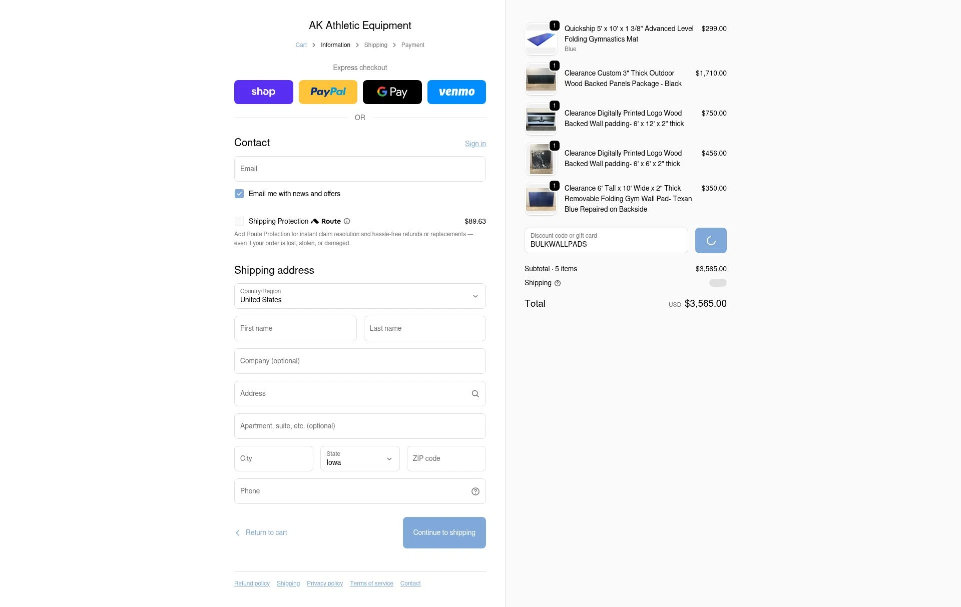 AK Athletic Equipment checkout page showing AK Athletic Equipment coupon code box | Screenshot taken by SimplyCodes community member on Jan 1, 2026