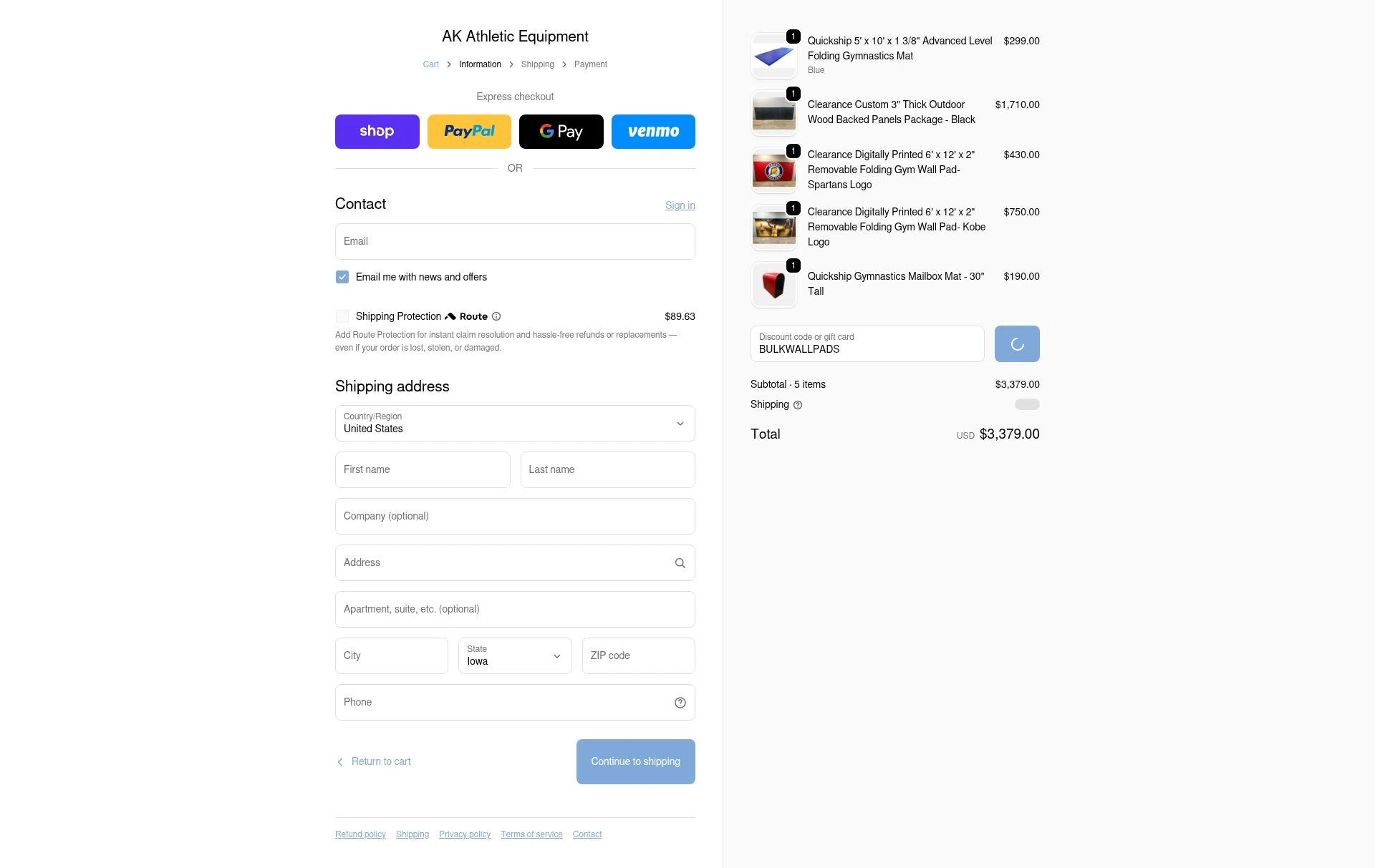 AK Athletic Equipment checkout page showing AK Athletic Equipment coupon code box | Screenshot taken by SimplyCodes community member on Jan 22, 2026