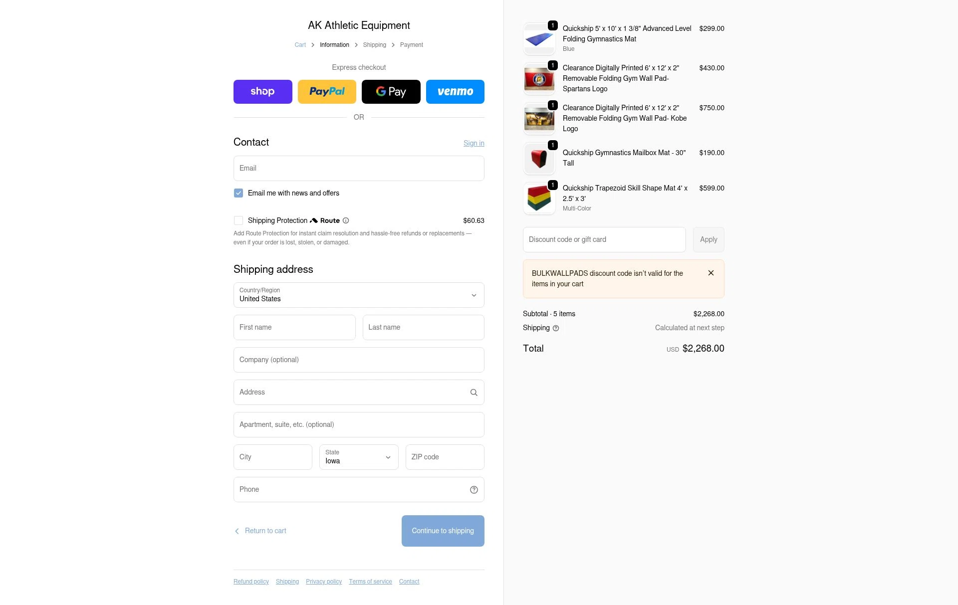AK Athletic Equipment checkout page showing AK Athletic Equipment coupon code box | Screenshot taken by SimplyCodes community member on Feb 13, 2026